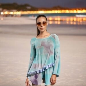 LOGO by Lori Goldstein Aqua Blue Sheer Rushed Tunic Blouse Women's Top Size XXL